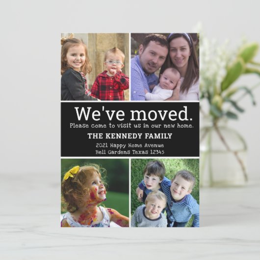 引っ越しました4フォトコラージュ白黒ムービング 案内状 (スタンド正面)