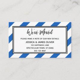 「引っ越しました」の青と白の対角線のストライプ 名刺