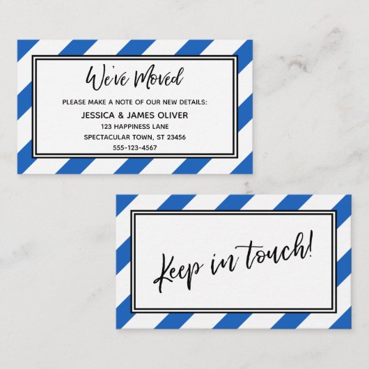 「引っ越しました」の青と白の対角線のストライプ 名刺 (正面/裏面)