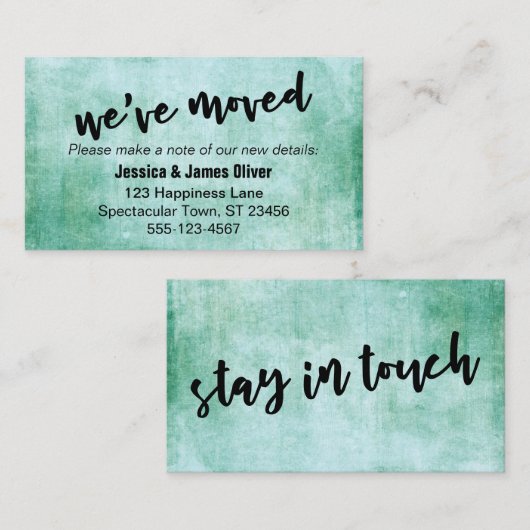 「引っ越しました」はっきりしたタイポグラフィ、緑のカーグランジド 名刺 (正面/裏面)