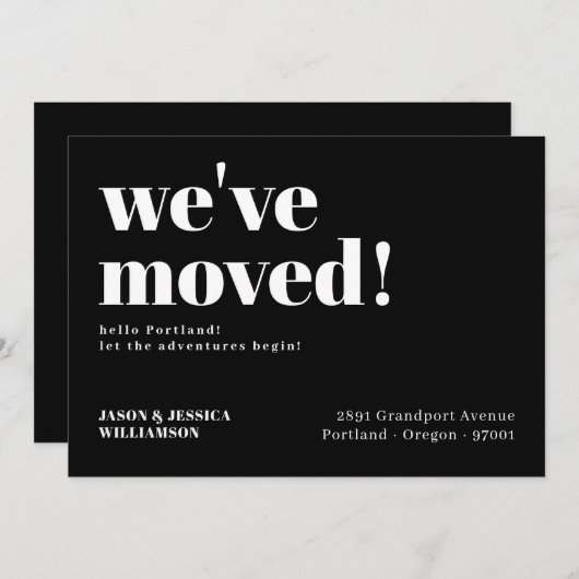 引っ越しました!ブラックミニマルはっきりしたタイポグラフィ移動 案内状 (正面/裏面)
