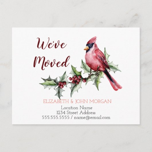 引っ越しました,レッド(鳥)ショウジョウコウカンチョウホリーベリー 案内ポストカード (正面)