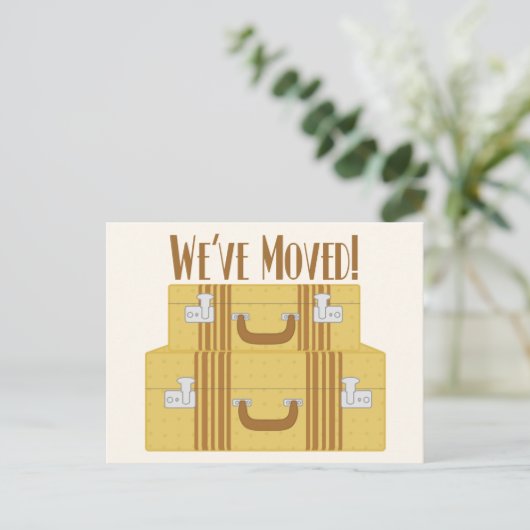 引っ越しました-ヴィンテージスーツケースと星 案内ポストカード (スタンド正面)