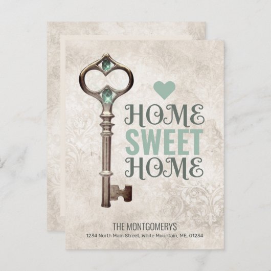 引っ越しました·ヴィンテージ·鍵·ダマスクのアドレス変更 案内ポストカード (正面/裏面)