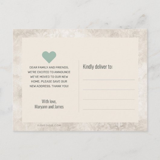 引っ越しました·ヴィンテージ·鍵·ダマスクのアドレス変更 案内ポストカード (裏面)