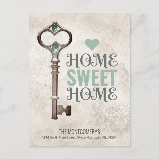 引っ越しました·ヴィンテージ·鍵·ダマスクのアドレス変更 案内ポストカード (正面)