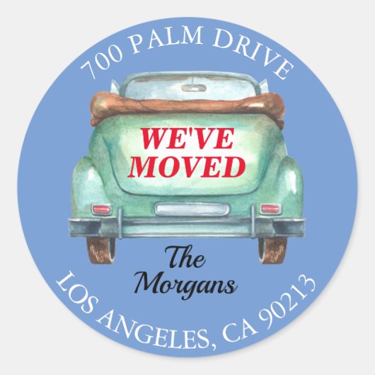 引っ越しました、差出人住所、旧車水色 ラウンドシール (正面)