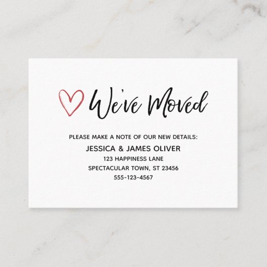 「引っ越しました」手書きカード(赤いハート付き) 名刺 (正面)