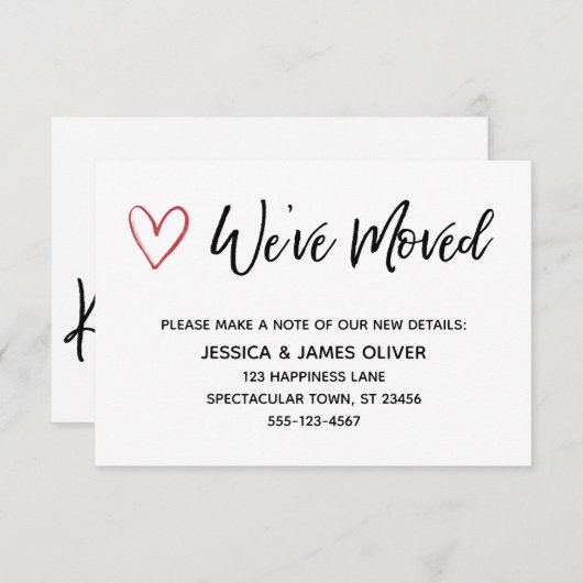 "引っ越しました"手書きカード(赤いハート付き) 案内状 (正面/裏面)