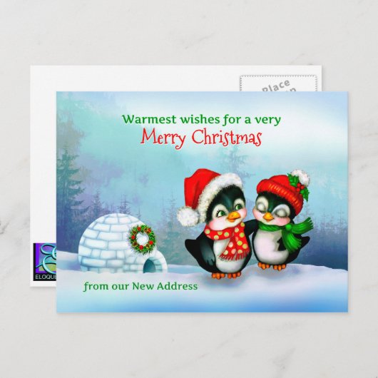引っ越しました、新しいホームアドレスクリスマスペンギン シーズンポストカード (正面/裏面)
