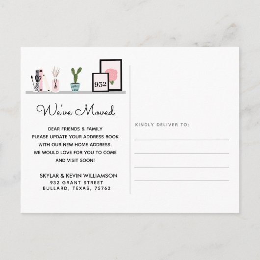引っ越しました – 新しい住所ウォールシェルフDecor移動 案内ポストカード (裏面)