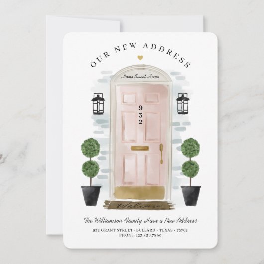 引っ越しました – 新しい住所ピンクウォーターカラードア 案内状 (正面)