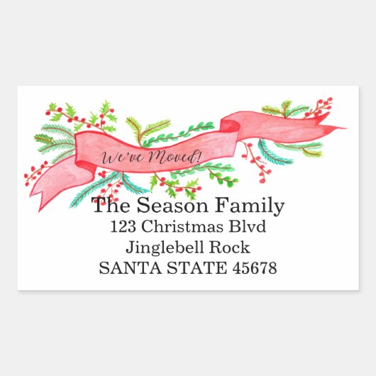 引っ越しました/新しい住所、水彩クリスマス 長方形シール (正面)