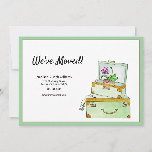 引っ越しました!水彩荷物と蘭の植物 招待状 (正面)