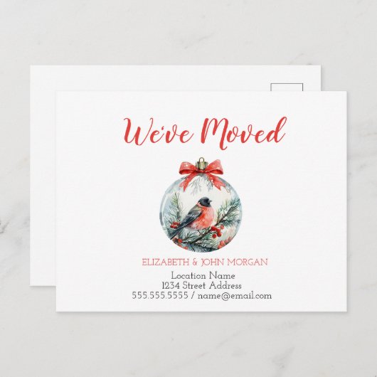 引っ越しました,赤(鳥)ショウジョウコウカンチョウ鳥のボールのアナウンス 案内ポストカード (正面/裏面)