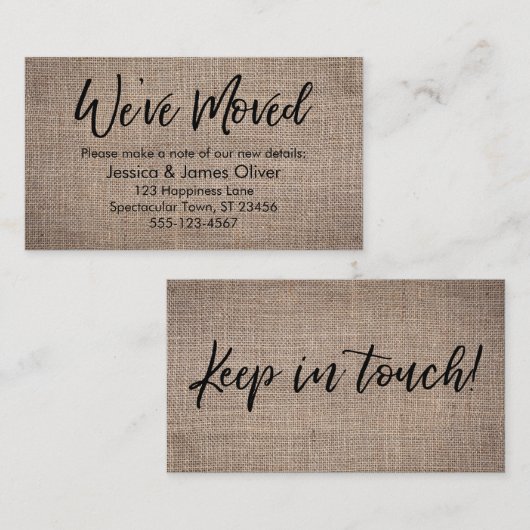 "引っ越しました"Burlap手書きタイポグラフィカード 名刺 (正面/裏面)