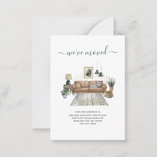 引っ越しましたBohoリビングルームの移動案内 ノートカード (正面)