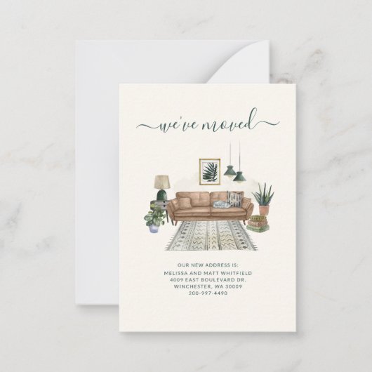 引っ越しましたBohoリビングルームの移動案内 ノートカード (正面)