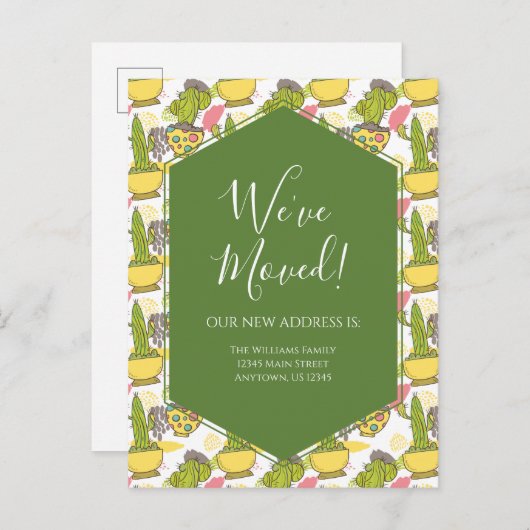 引っ越しアナウンスポットサボテン緑(黄) ポストカード (正面/裏面)