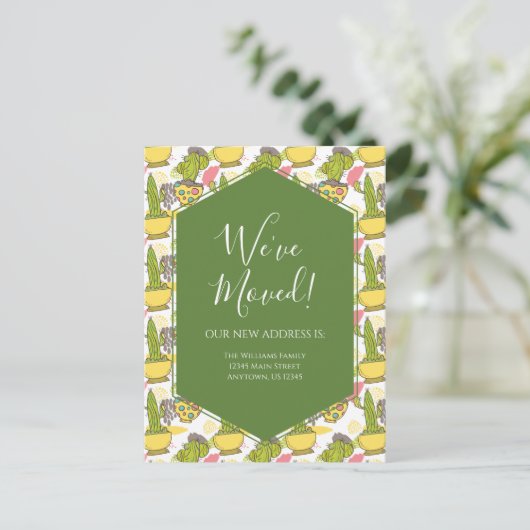 引っ越しアナウンスポットサボテン緑(黄) ポストカード (スタンド正面)