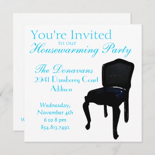 引っ越し祝いパーティーとして椅子の食事 招待状 (正面/裏面)