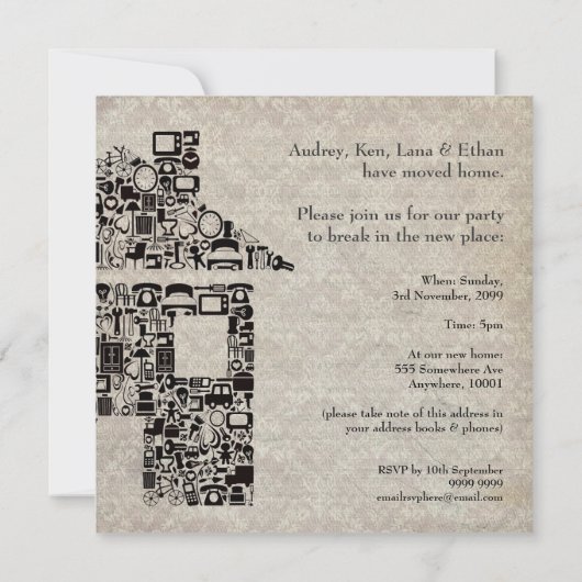 引っ越し祝いパーティーのパーティの招待状-ダマスク織の壁紙 招待状 (裏面)