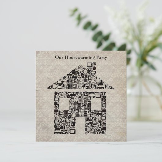 引っ越し祝いパーティーのパーティの招待状-ダマスク織の壁紙 招待状 (スタンド正面)