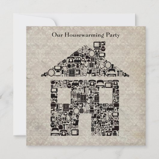 引っ越し祝いパーティーのパーティの招待状-ダマスク織の壁紙 招待状 (正面)