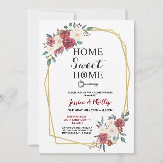 引っ越し祝いパーティーのパーティーによっては新しい家の家の赤が開花します 招待状 (正面)