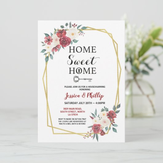 引っ越し祝いパーティーのパーティーによっては新しい家の家の赤が開花します 招待状 (スタンド正面)