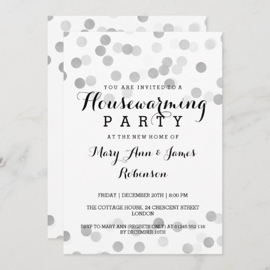 引っ越し祝いパーティーのパーティーのフェイクな銀ぱくのグリッターライト 招待状 (正面/裏面)