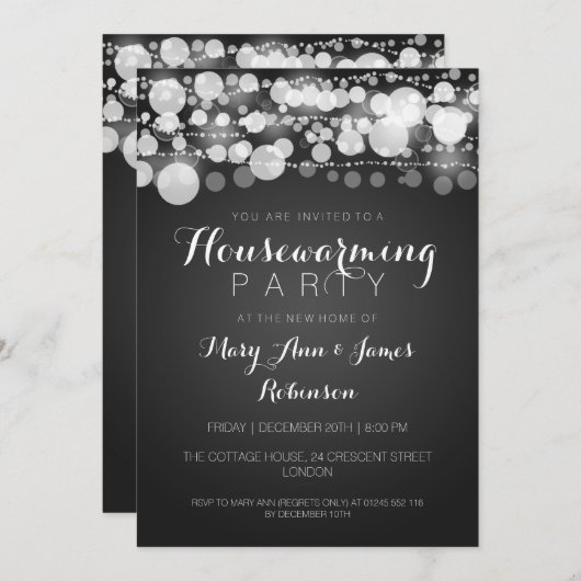 引っ越し祝いパーティーのパーティーのモダンな点の黒 招待状 (正面/裏面)