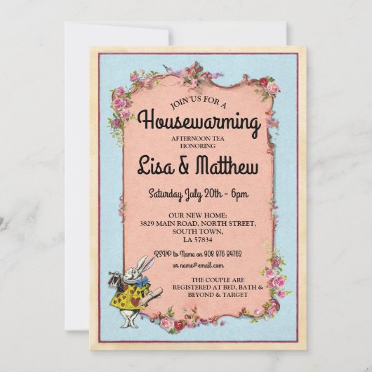 引っ越し祝いパーティーのパーティーの不思議の国のウサギの茶招待 招待状 (正面)