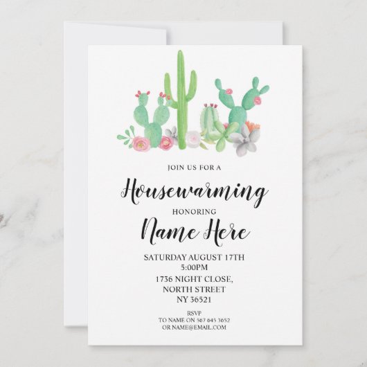 引っ越し祝いパーティーのパーティーの招待のサボテンの水彩画のプリント 招待状 (正面)