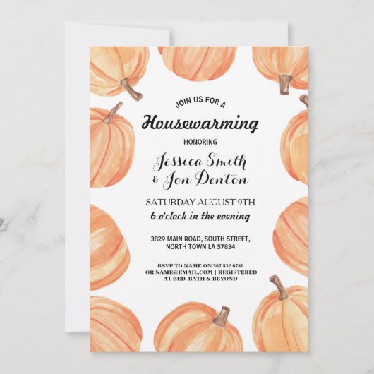 引っ越し祝いパーティーのパーティーの水彩画のカボチャ秋 招待状 (正面)