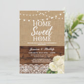 引っ越し祝いパーティーのパーティーの素朴な家のばら色のバーラップ木 招待状 (スタンド正面)