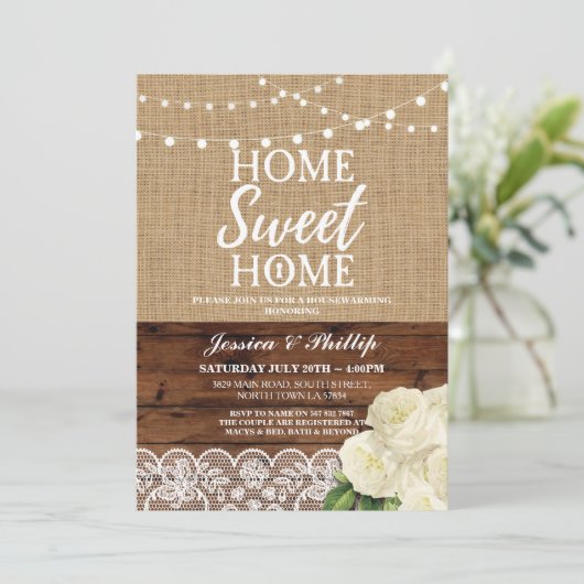 引っ越し祝いパーティーのパーティーの素朴な家のばら色のバーラップ木 招待状 (スタンド正面)