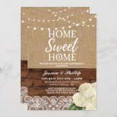 引っ越し祝いパーティーのパーティーの素朴な家のばら色のバーラップ木 招待状 (正面/裏面)