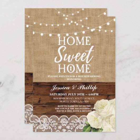 引っ越し祝いパーティーのパーティーの素朴な家のばら色のバーラップ木 招待状 (正面/裏面)