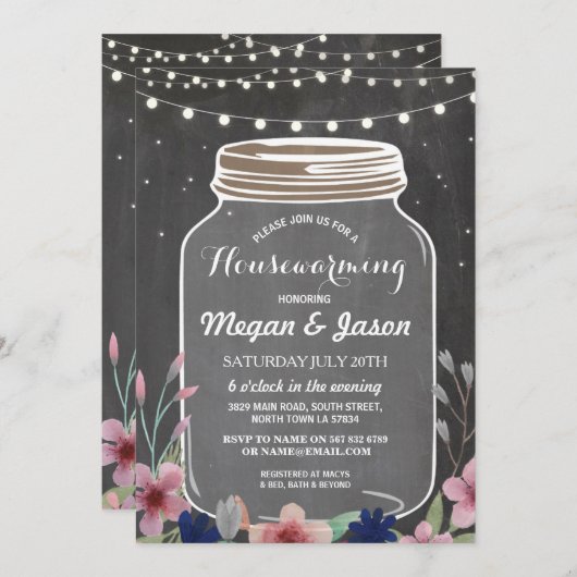 引っ越し祝いパーティーのパーティーの素朴な瓶のチョークの花の招待 招待状 (正面/裏面)