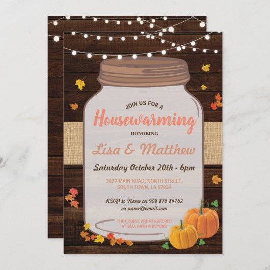 引っ越し祝いパーティーのパーティーの素朴な瓶の木製のカボチャ招待 招待状 (正面/裏面)
