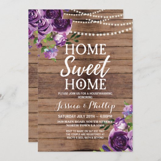 引っ越し祝いパーティーのパーティーの紫色の素朴で新しい家の招待 招待状 (正面/裏面)