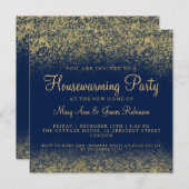 引っ越し祝いパーティーのパーティーの金ゴールドのグリッターの塵の濃紺 招待状 (正面/裏面)