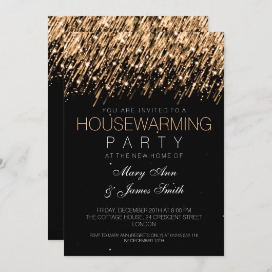 引っ越し祝いパーティーのパーティーの金ゴールドの落下星 招待状 (正面/裏面)
