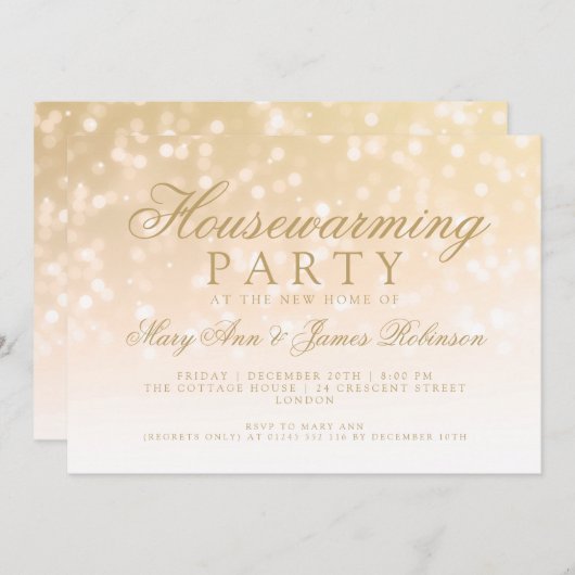 引っ越し祝いパーティーのパーティーの金ゴールドの輝きライト 招待状 (正面/裏面)