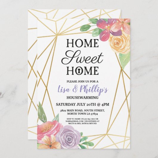 引っ越し祝いパーティーのパーティーの金ゴールドフレームの夏の花の招待 招待状 (正面/裏面)