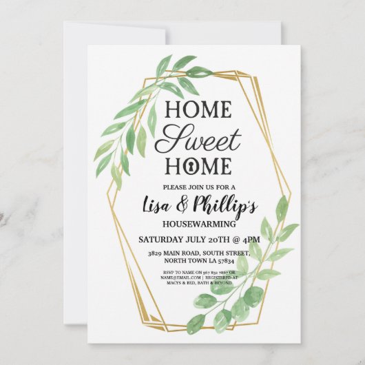 引っ越し祝いパーティーのパーティーの金ゴールドフレームの夏の葉の招待 招待状 (正面)