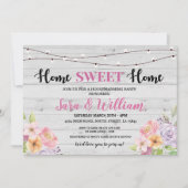 引っ越し祝いパーティーのヴィンテージの家の甘い灰色のピンクの花 招待状 (正面)