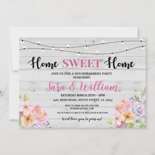 引っ越し祝いパーティーのヴィンテージの家の甘い灰色のピンクの花 招待状 (正面)