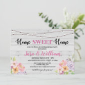 引っ越し祝いパーティーのヴィンテージの家の甘い灰色のピンクの花 招待状 (スタンド正面)